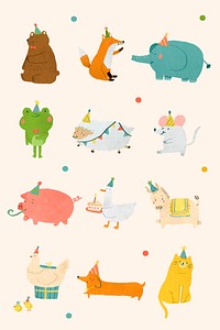 Festive animals doodle element set vector