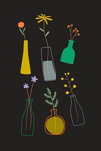 Colorful doodle flowers in vases on black background vector