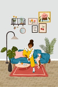 Girl talking on a phone on a blue couch sketch style vector