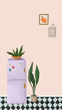 Purple fridge in a peach pink kitchen sketch style mobile phone wallpaper illustration