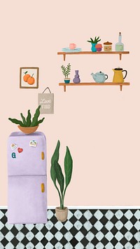 Purple fridge in a peach pink kitchen sketch style mobile phone wallpaper illustration