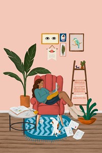 Girl using a laptop on a red couch sketch style illustration
