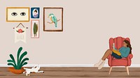 Girl using a laptop on a red couch sketch style  background vector