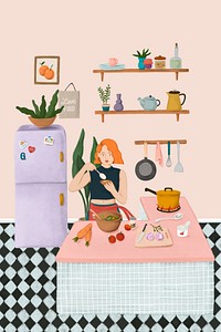 Girl cooking in a kitchen sketch style illustration