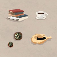 Coffee and books summer design element vector set