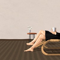 Woman sitting on a woven chair with a cup of coffee in her hands vector