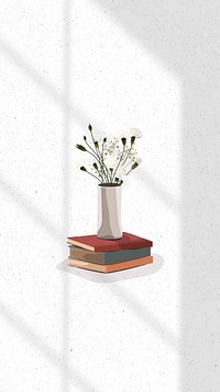 White carnations in a vase on a stack of books mobile phone wallpaper vector
