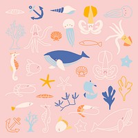 Hand drawn underwater animal collection vector