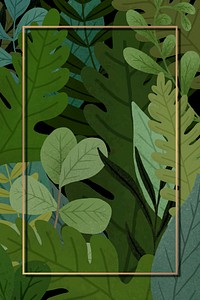 Rectangle gold frame on green leaves patterned background illustration