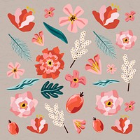 Pink flowers and leaves element set on a brown background vector