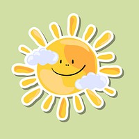 Cute smiling sun with clouds sticker design element