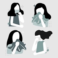 Sick and covid 19 infected women coughing set vector