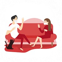 Couple wearing masks and keeping a physical distance in their own home vector