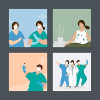 Medical staff and a woman during coronavirus pandemic element vector set