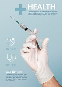 Gloved hand holding a syringe poster template vector