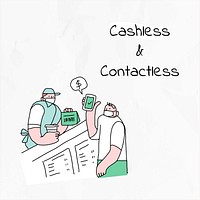 Cashless &amp; Contactless payment new normal lifestyle doodle social media post