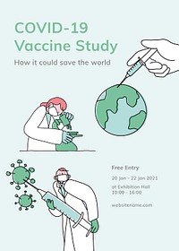 Vaccine study poster editable template psd for covid 19 doodle illustration