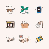 Cute social distancing and quarantine icon set vector