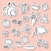 Activities at home doodle style sticker vector set