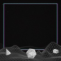 Gray geometric shapes on a wireframe wave background