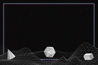 Gray geometric shapes on a wireframe wave background