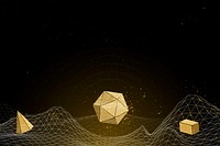 Glittery gold neon geometric shapes on a wireframe wave patterned background