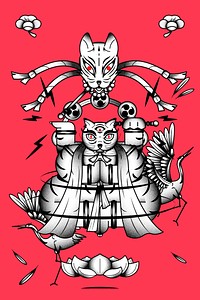 Bakeneko with Raijin drums, Japanese monster cat element on a redbackground vector