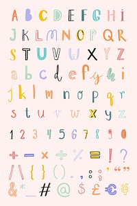 Alphabet numbers punctuations doodle font pastel set