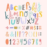 Alphabets, punctuations, numbers doodle typography set vector