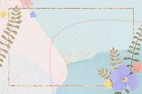 Gold rectangle flower frame vector on blue pastel background