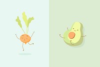 Round carrot and half avocado characters background vector