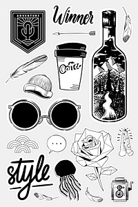 Set of black and white sticker doodle vector