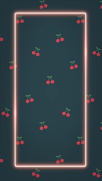 Pink neon frame on cherry pattern mobile phone wallpaper vector