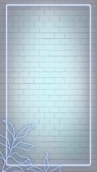 Neon lights rectangle frame with leaves on brick wall mobile phone wallpaper illustration
