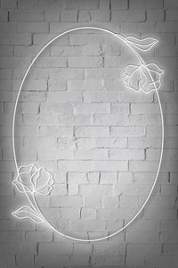 Neon lights oval frame with flowers on white brick wall illustration