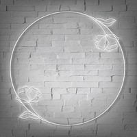 Neon lights round frame with flowers on white brick wall illustration