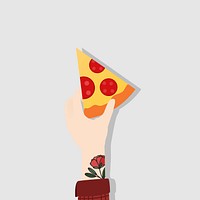 Illustration of a hand holding a slice of pizza