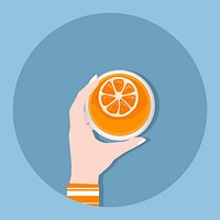 Illustration of a hand holding a glass of orange juice