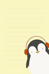 Cute penguin listening to music notepaper background vector