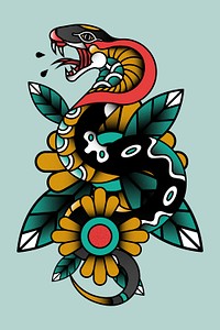 Traditional snake sticker isolated on blue background illustration