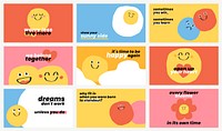 Cute positive quotes templates vector doodle smiley emoticons banner set