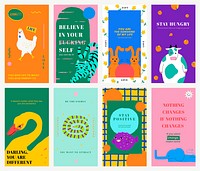 Motivational quote template vector for social media story with cute animal illustration set