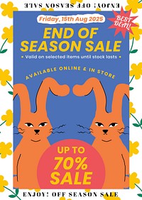 Editable poster template psd for end of season sale with cute animal illustration