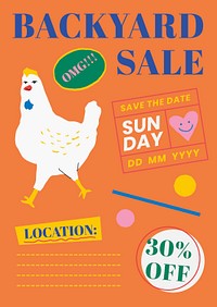 Orange backyard sale with cute chicken illustration