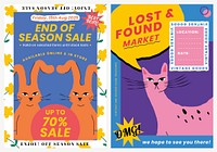Editable sale poster template psd with cute animal illustration set