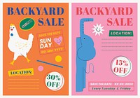 Editable poster template psd for backyard sale with cute animal illustration set
