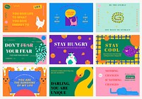Motivational quote template vector banners with cute animal illustration set