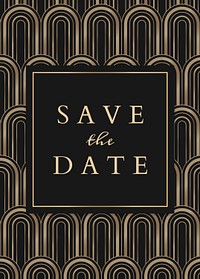 Wedding invitation card psd template with geometric art deco style on dark background