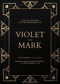 Wedding invitation card psd template with geometric art deco style on dark background