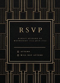 Wedding invitation card psd template with geometric art deco style on dark background